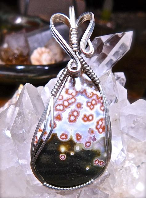 Wire Wrapped Ocean Jasper Pendant In Argentium Silver Etsy Wire