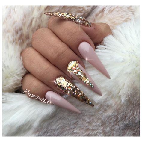 Nude And Gold Stiletto Nails Glitter Stilettonails Nailart