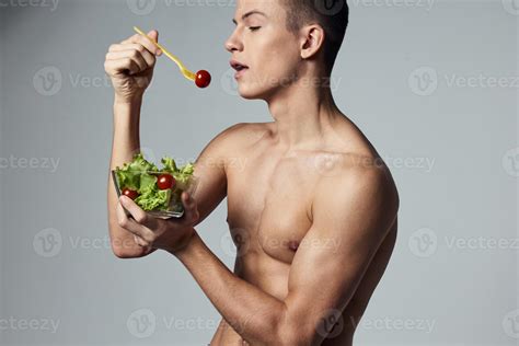 Sports Guy With A Naked Torso Healthy Eating Vegetable Salad Energy