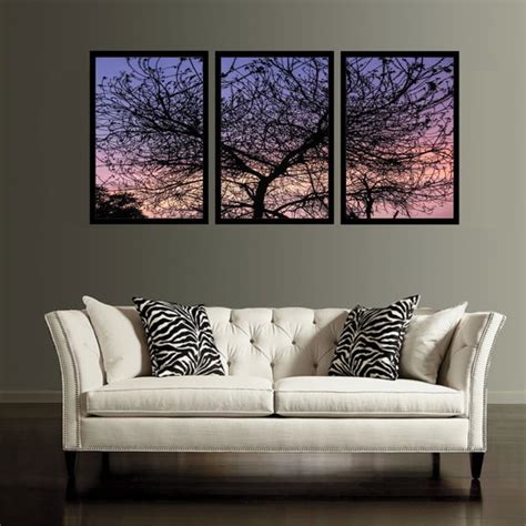 3 Quadros Decorativos Árvore Por do Sol Paisagem Moldura