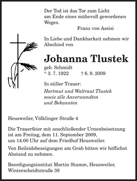 Traueranzeigen Von Johanna Tlustek Saarbruecker Zeitung Trauer De