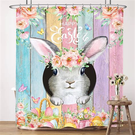 Sonernt Happy Easter Shower Curtain Wx H Inches Farmhouse Wooden