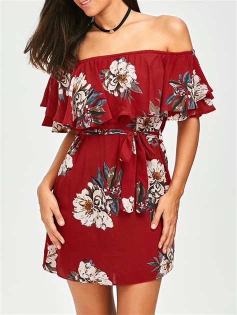 Off Belted Off The Shoulder Flounce Summer Dress Rosegal