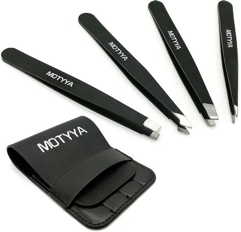 Motyya Eyebrow Tweezers Set 4 Piece Professional Stainless Steel Slant Tip And