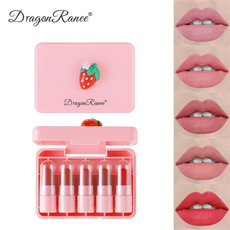 Dragon Ranee 5 Unids Set Juego De Labios Fresa MIni Lápiz Labial Mate