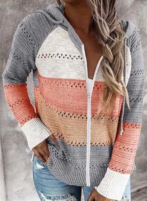 Hooded Color Block Cardigans Zipper Shift Sweaters Indairies