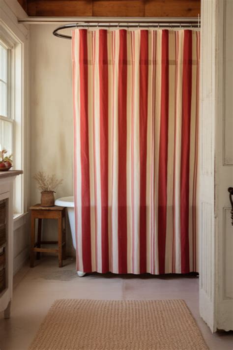 Cottage Decor Shower Curtain Red Cream Striped Bath Curtain Bathroom