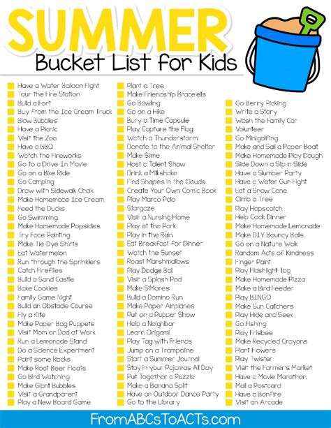 100 Fun Ideas For A Summer Bucket List For Kids From Abcs To Acts