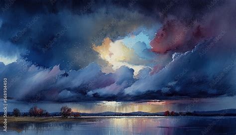 Dark Clouds Over The River Stormy Sky And Rainy Day Concept Watercolor