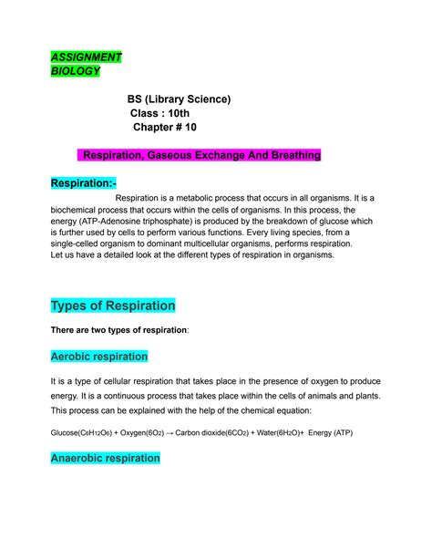 SOLUTION Respiration Gaseous Exchange And Breathing Types Studypool