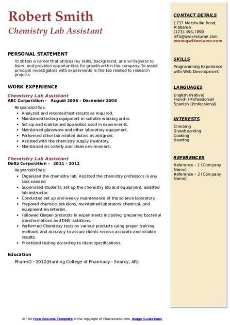 Chemistry Lab Assistant Resume Samples QwikResume