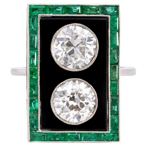 Art Deco Revival Hexagon Shaped Diamond Emerald Black Onyx Platinum Ring At 1stdibs Hexagon