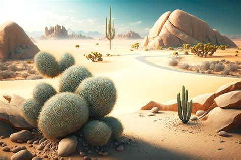 Premium Photo Desert Landscape With Cactus And Sand Dunes Large Rocks