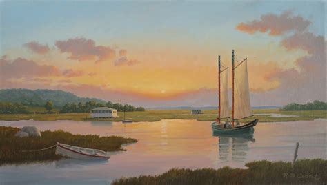 Essex River Sunset With Chebacco Boat By Ray Crane Charles Fine Arts