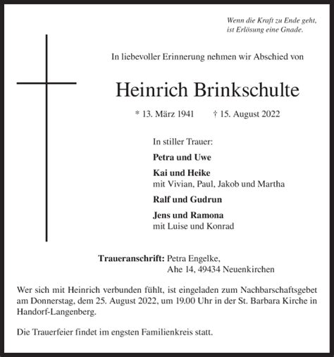 Traueranzeigen Von Heinrich Brinkschulte Om Trauer De