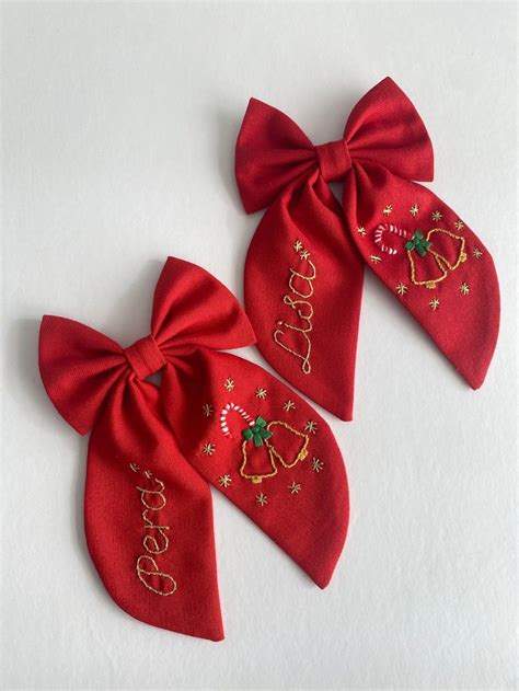 Christmas Gift Bell And Custom Name Hand Embroidered Hair Bow