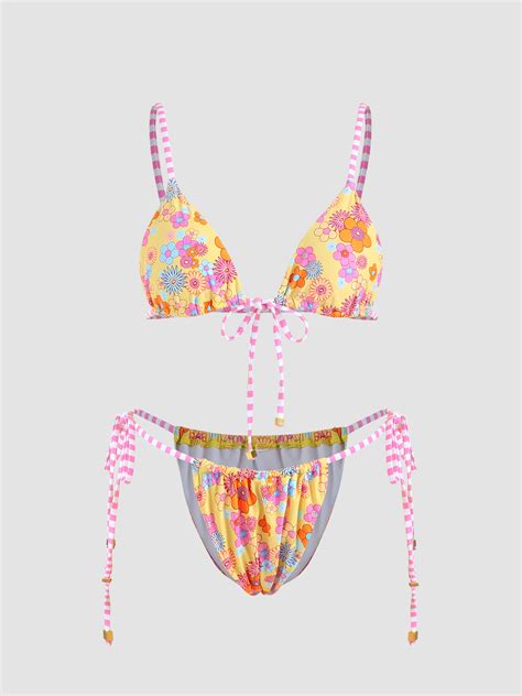 Floral Striped Patchwork Triangle Bikini Set Cider