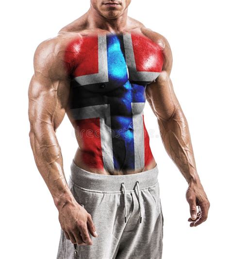Shirtless Muscular Man With Norway Flag Painted On Naked Chest Stock