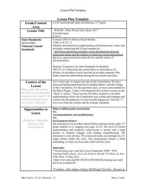 Lesson Plan Template Gradecontent Area Lesson Title Context Of