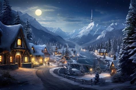 Premium AI Image | a picturesque snowy village at night