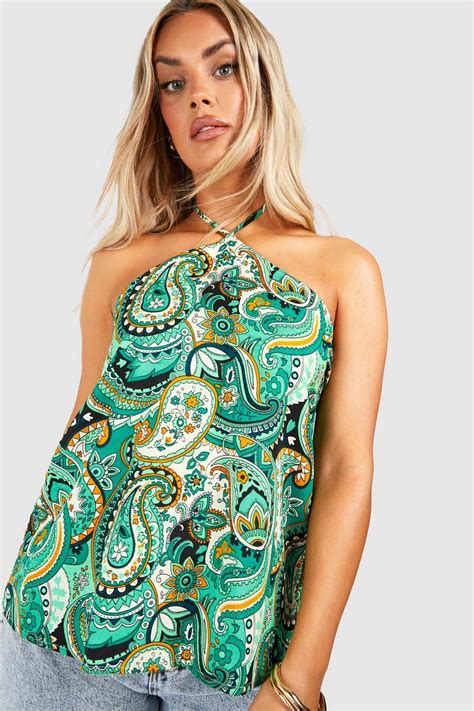 Green Plus Paisley Halterneck Swing Cami Top Boohoo Uk