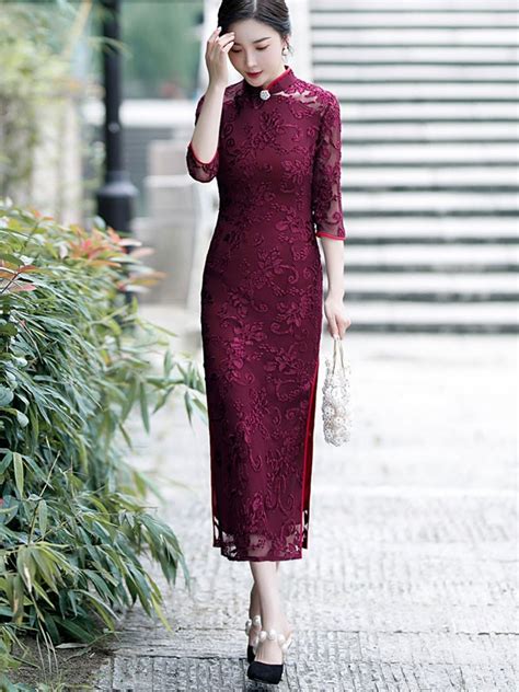 Red Floral Mothers Velvet Long Qipao Cheongsam Dress Cozyladywear