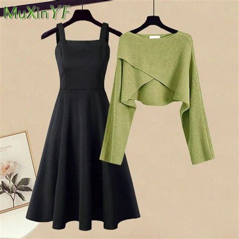 Women S Autumn Winter New Cross Sweater Dress Two Piece Korean Elegant