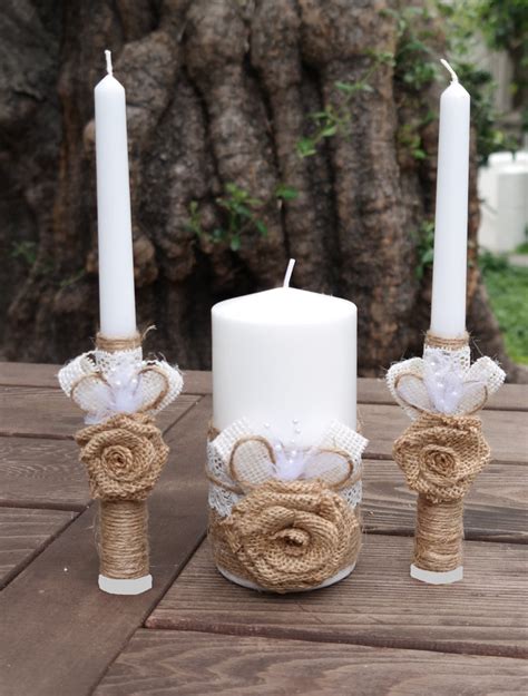 Rustic Wedding Candle Set Burlap And Lace Unity Candle Set