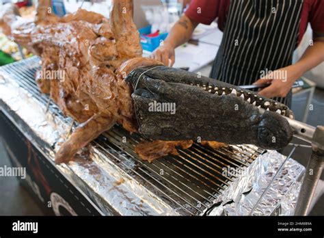 Fried Crocodile Meat On The Barbeque Street Food Stock Photo Alamy