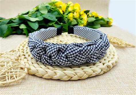 Navy Blue Gingham Braided Headbandnavy Blue Etsy