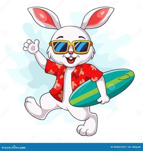 Cartoon White Rabbit Carrying A Surfboard Stock Illustration