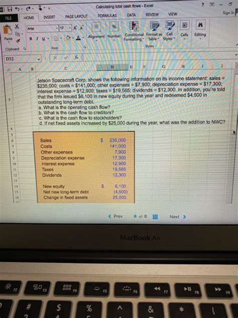 Solved Calculating Total Cash Flows Excel Formulas Data