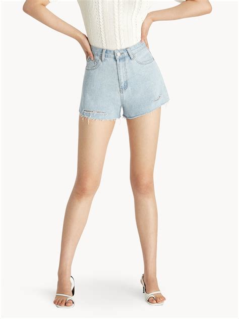 High Waist Ripped Denim Shorts Light Blue Pomelo Fashion