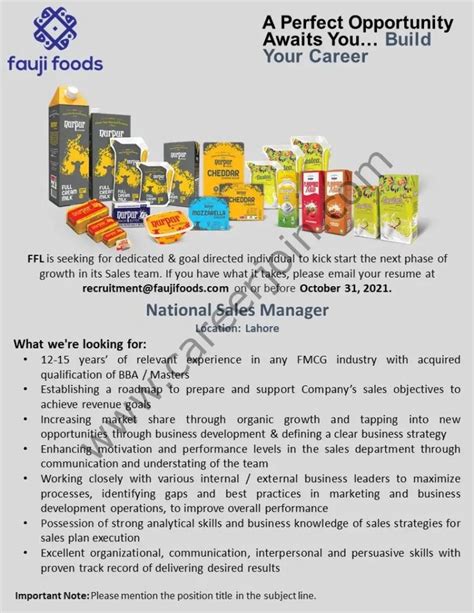 Fauji Foods Limited Jobs National Sales Manager