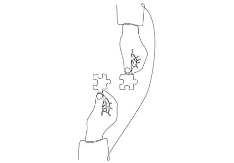 Continuous Line Drawing Of Hand Merge Two Pieces Puzzle Isolated On