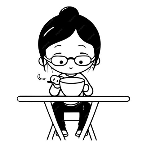 Premium Vector Girl Drinking Coffee In Cafe Cute Cartoon Character