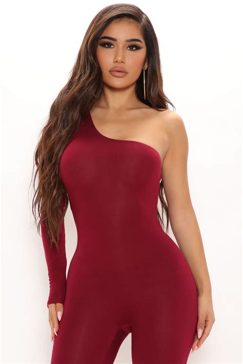 Nova Season Long Sleeve One Shoulder Jumpsuit Burgundy Fashion Nova Jumpsuits Fashion Nova