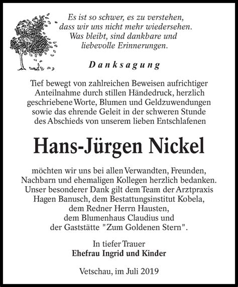 Traueranzeigen von Hans Jürgen Nickel lr online trauer de