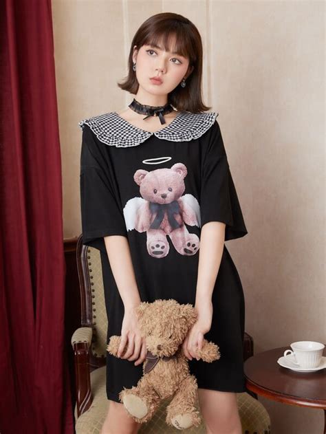 Romwe Kawaii Vestido Estilo Camiseta De Cuadros Cuello Mu Eca Con