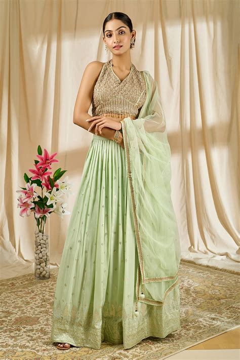 Buy Green Lehenga And Blouse Dola Silk Embroidered Sequin Halter Work