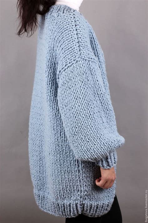 Вязаный женский голубой кардиган оверсайз/oversize крупной вязки в ...
