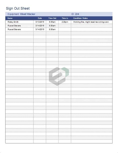 Printable Equipment Sign Out Form Free Excel Templates