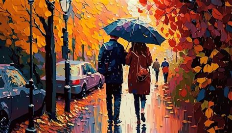 Una Pintura De Una Pareja Caminando Bajo La Lluvia Foto Premium