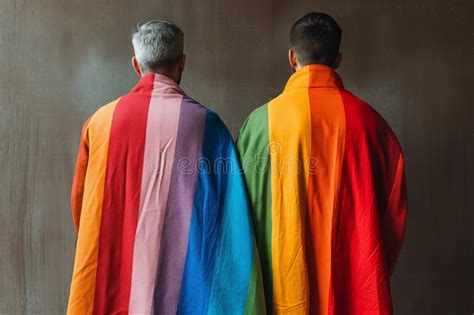 Rear View Of A Gay Couple Wearing A Gay Pride Rainbow Flag Generative