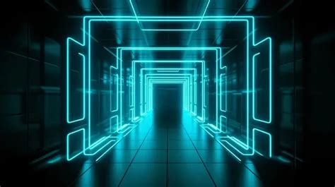 Futuristic Corridor With Blue Neon Lights Background D Rendering Dark