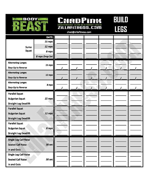 Free Improved Body Beast Workout Sheets By Zillafitness