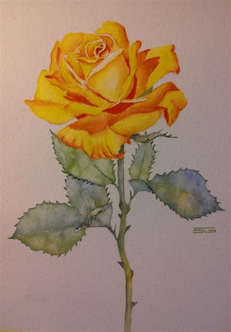 A Painting Of A Yellow Rose With Green Leaves