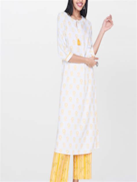 Buy Global Desi Women Off White And Yellow Printed A Line Kurta Kurtas For Women 11283224 Myntra