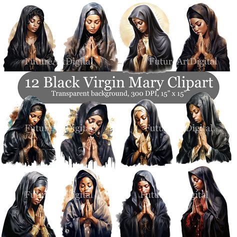 12 Watercolor Black Virgin Mary Digital Clipart African American