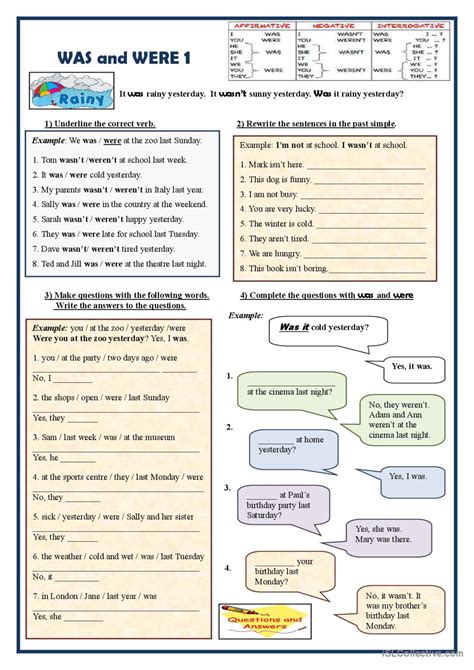 Was And Were 1 Exercises Gramma English Esl Worksheets Pdf And Doc